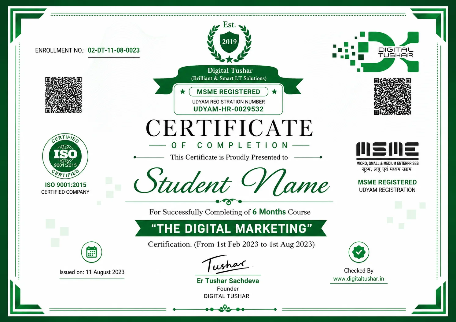 Digital Tushar Certificate
